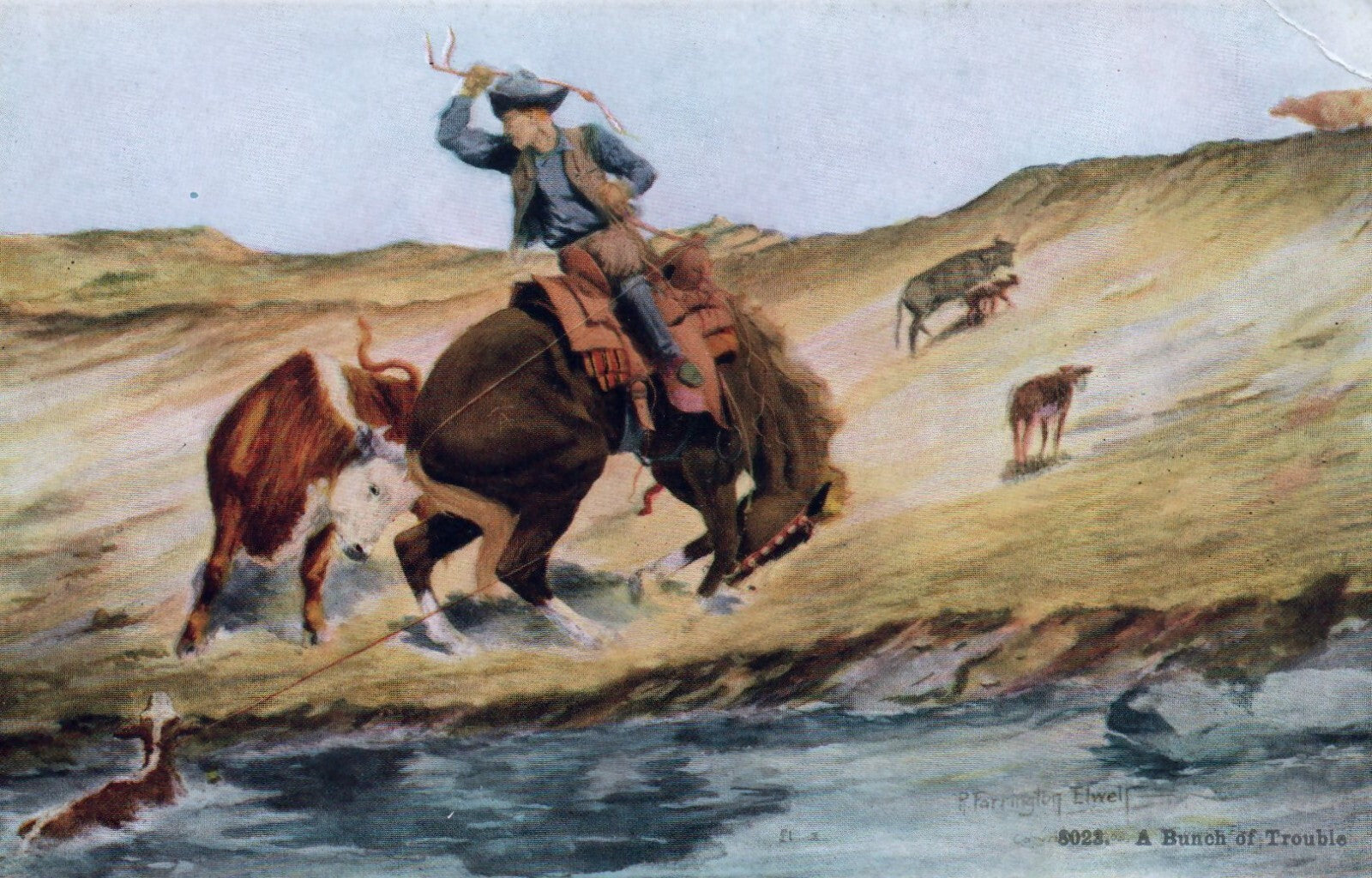 Artist Signed "A Bunch of Trouble" Cowboy Riding Bucking Horse Western Postcard