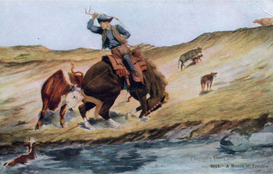 Artist Signed "A Bunch of Trouble" Cowboy Riding Bucking Horse Western Postcard