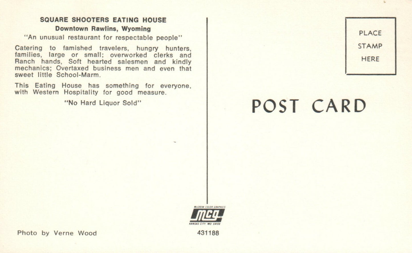 Square Shooters Eating House Downtown Rawlins Wyoming WY Restaurant Postcard