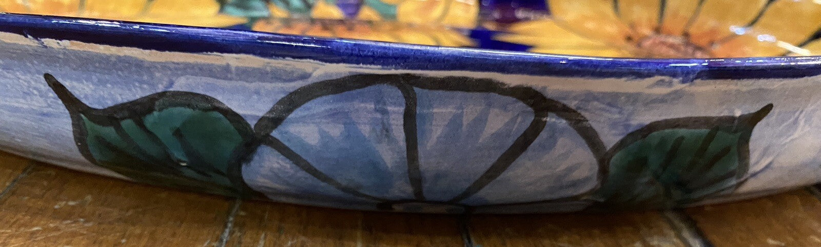 vintage Terracotta Pottery Mexican Talavera 1980's Cobalt Blue Sunflower Platter