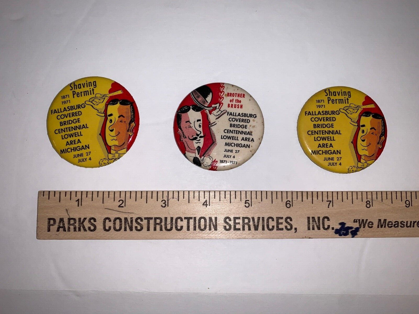 Lot of 3 Lowell, MI Fallasburg Covered Bridge Centennial Shaving Permit Pinback