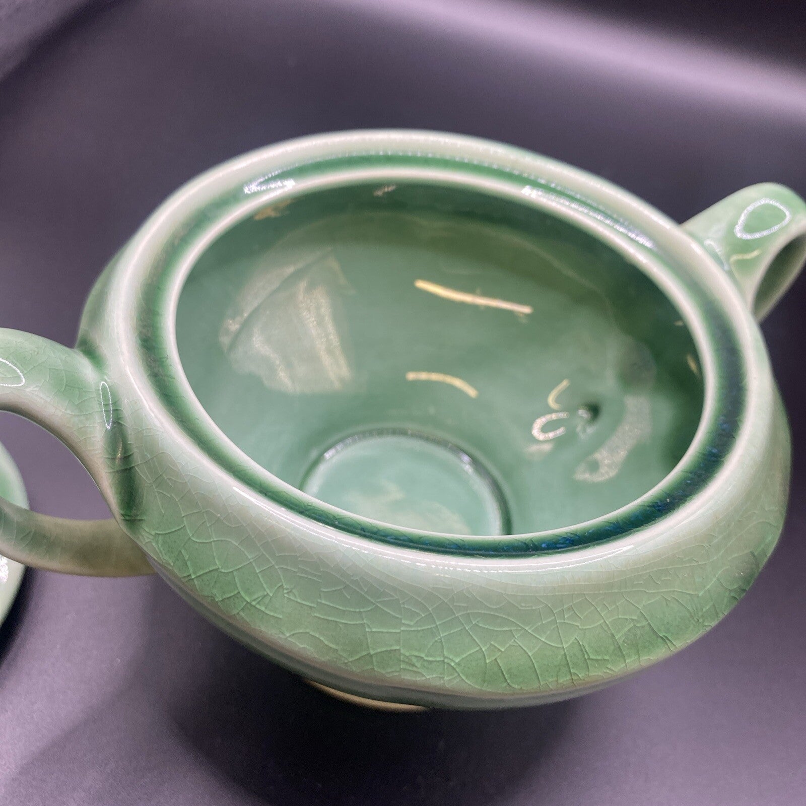2 Handled Sugar Bowl with Lid Vintage 1930's Mount Clemens Petalware LIGHT Green