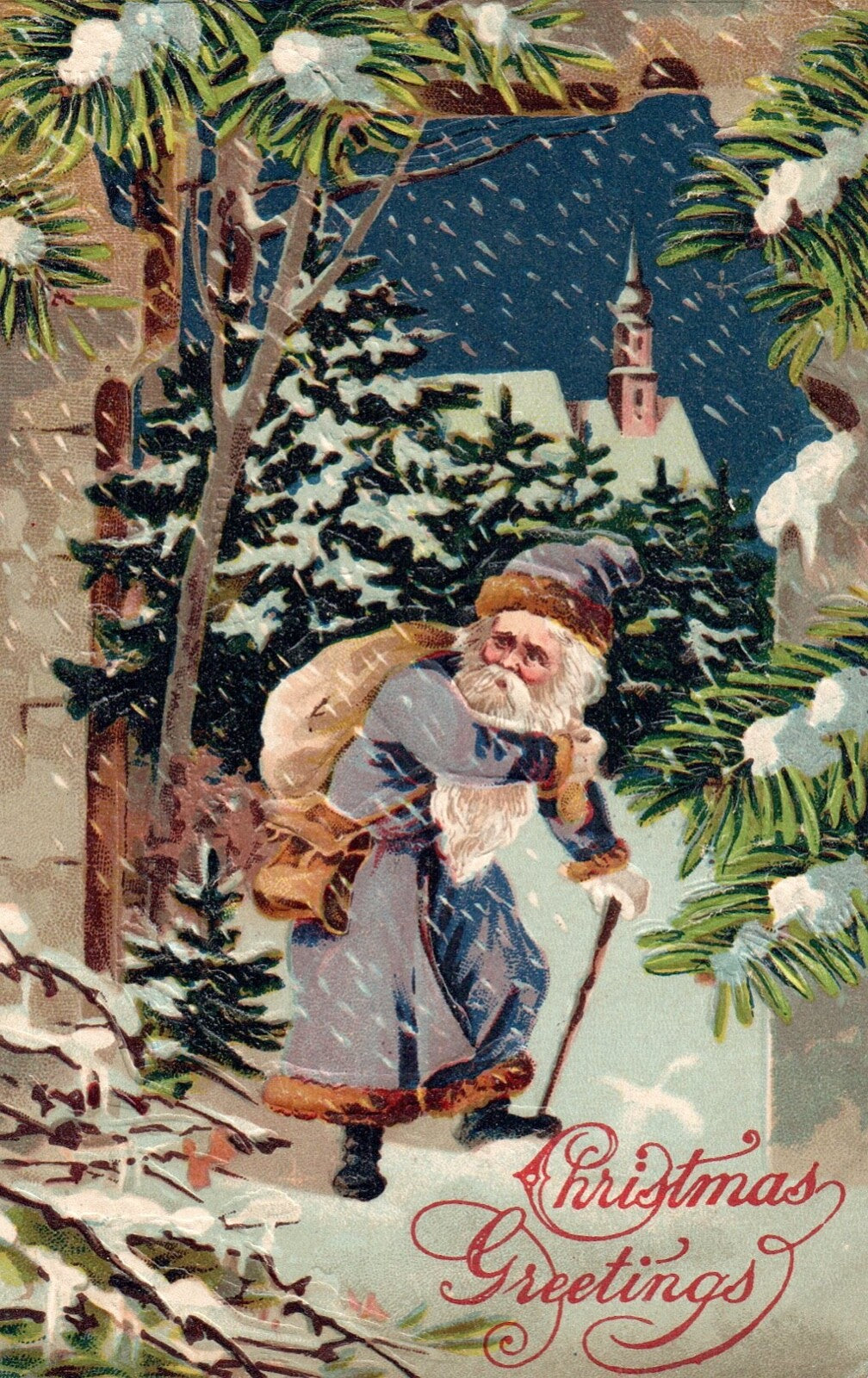 Christmas Greetings Santa Walking Through Snow Storm Vintage Santa Postcard