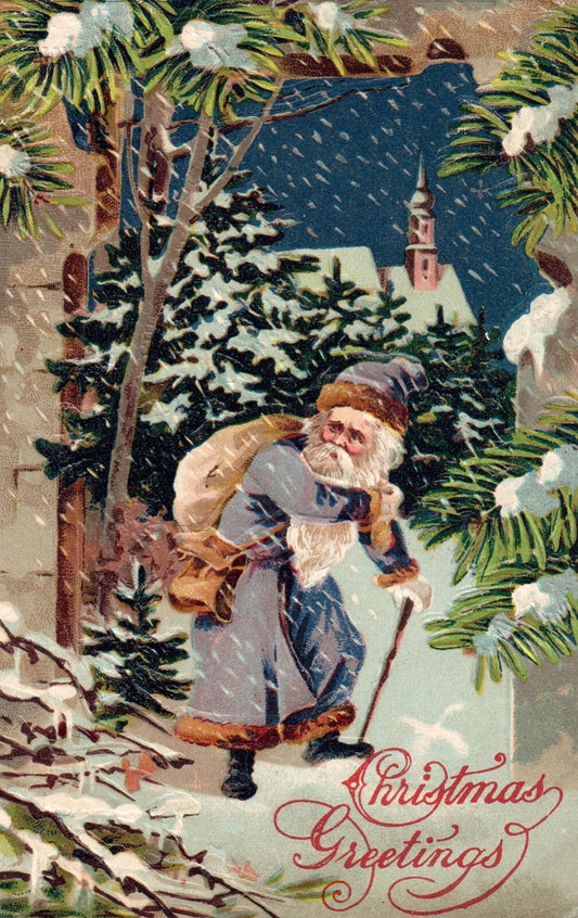 Christmas Greetings Santa Walking Through Snow Storm Vintage Santa Postcard