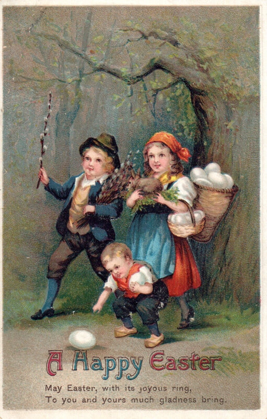 A Happy Easter Children Collecting Easter Eggs in Woods Vintage Easter Postcard