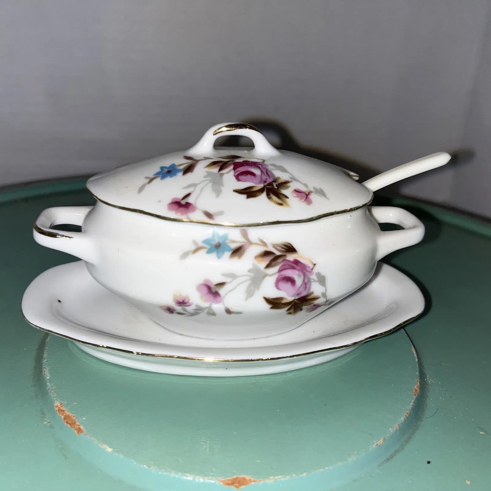 Vintage Royal Crown  #1446N Condiment Mustard Sugar Tureen Blue Floral 