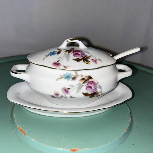 Vintage Royal Crown  #1446N Condiment Mustard Sugar Tureen Blue Floral 