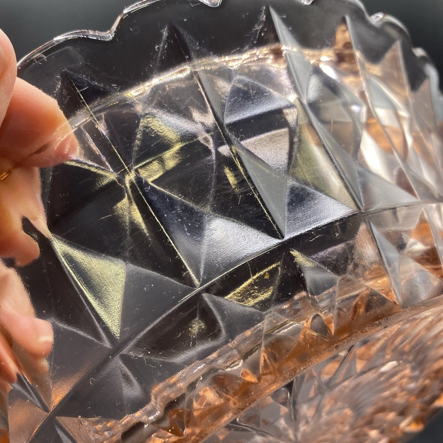 8.5" Vintage Pink Depression Glass Cube Diamond Scalloped Edge Bowl