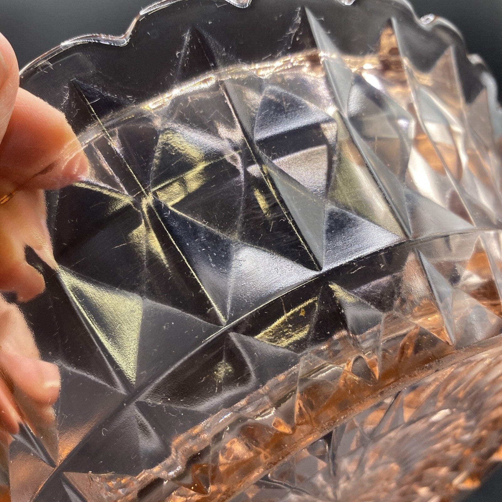 8.5" Vintage Pink Depression Glass Cube Diamond Scalloped Edge Bowl