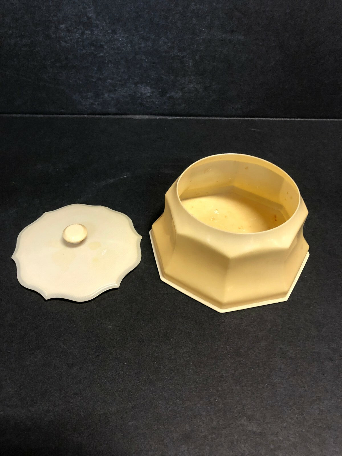 3 Piece Vanity Set Yellow Celluloid Hair Receiver Powder and Containers 