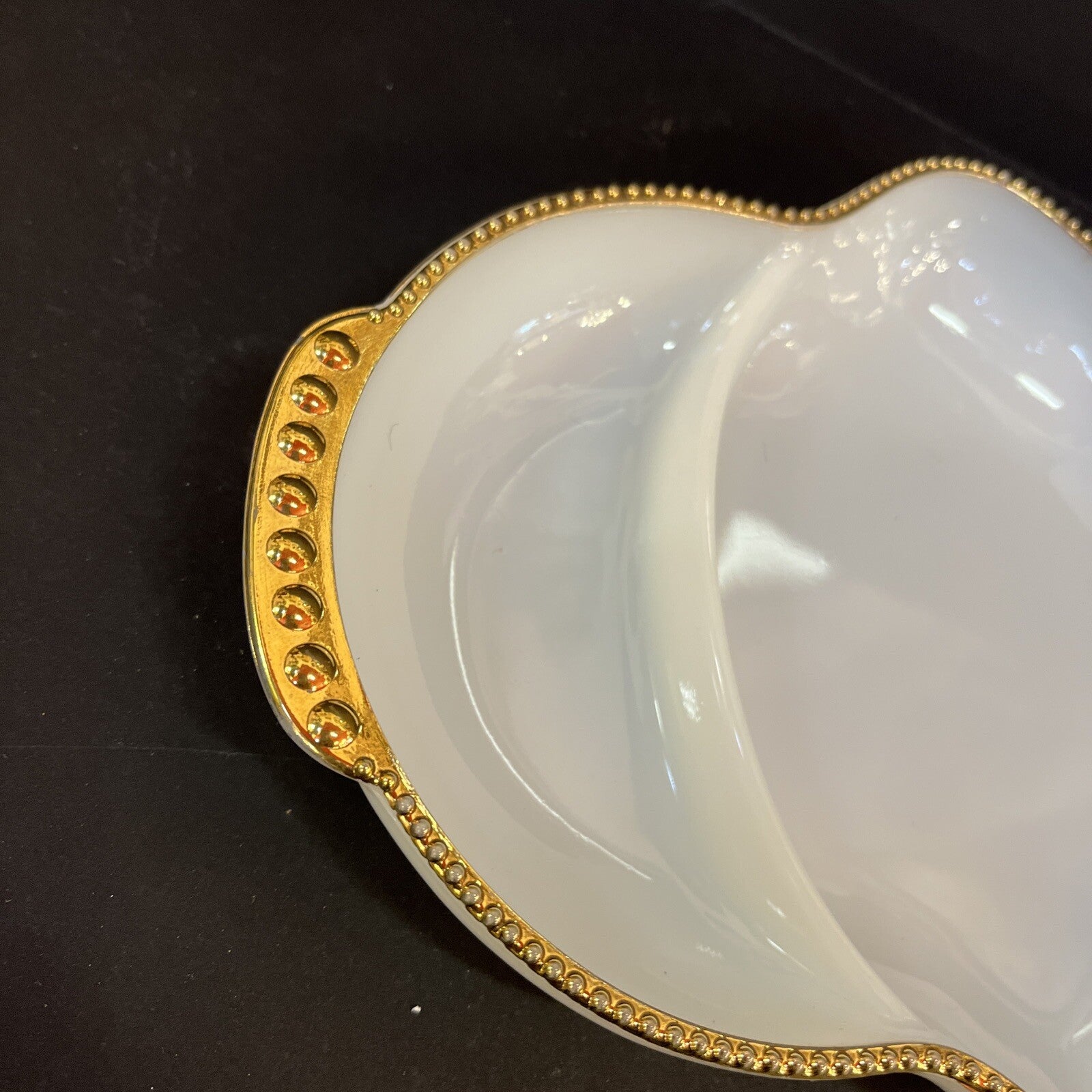 Vintage  Relish Tray Fire-King 3-Section - Milk Glass Divided Gold Bead Trim