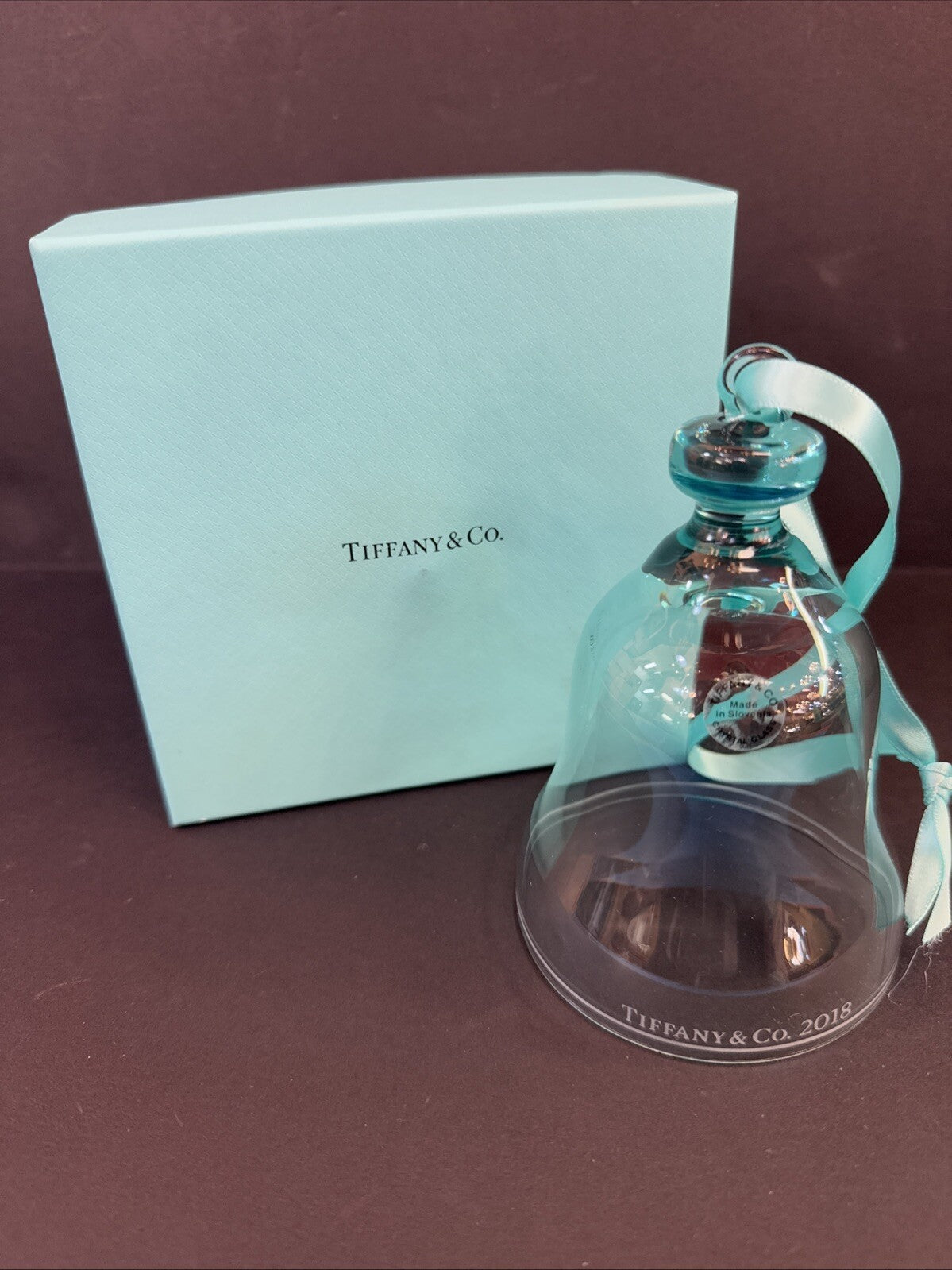 Tiffany & Co Blue Crystal Bell Ornament Glass WITH Ribbon & BOX 4½” 2018 Holiday