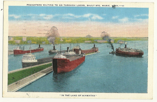 Freighters Sault Ste Marie Soo Locks  Ship MI Michigan  Postcard