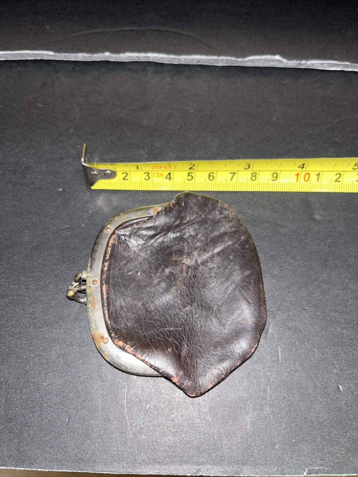 Vintage Coin Purse Dark Brown Leather Tiny KissLock Coin Purse 3” X 2.5”