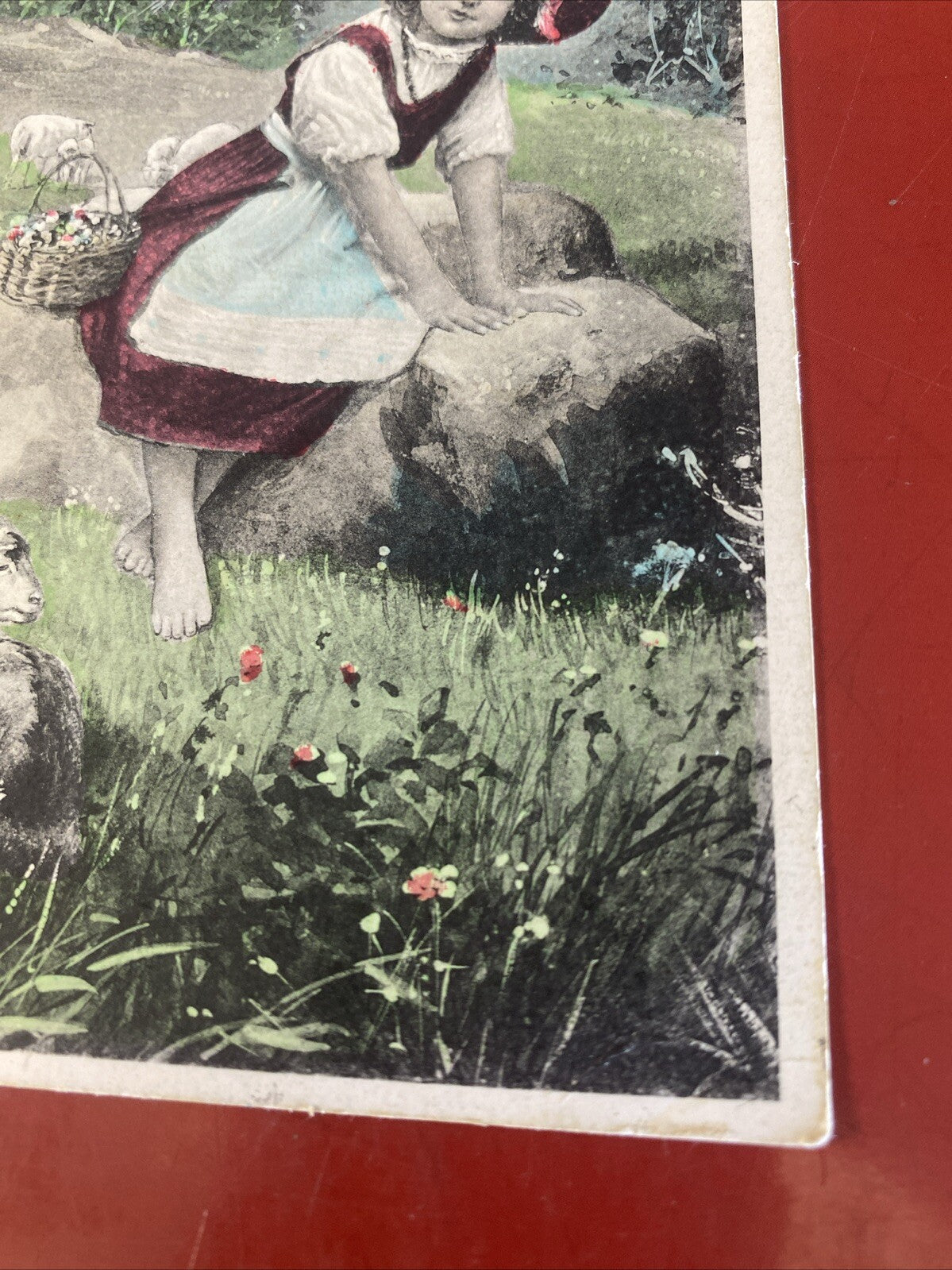 Easter Greetings Girl in Mountains Lambs vintage postcard #2491