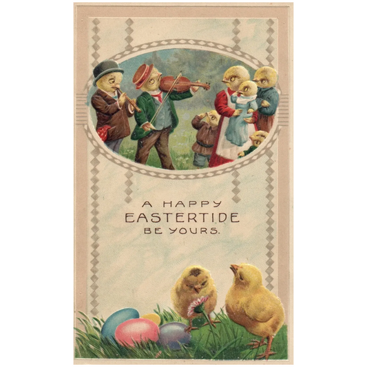 Vintage Easter Dressed Chicks playing Violin and Flute for Family Postcard