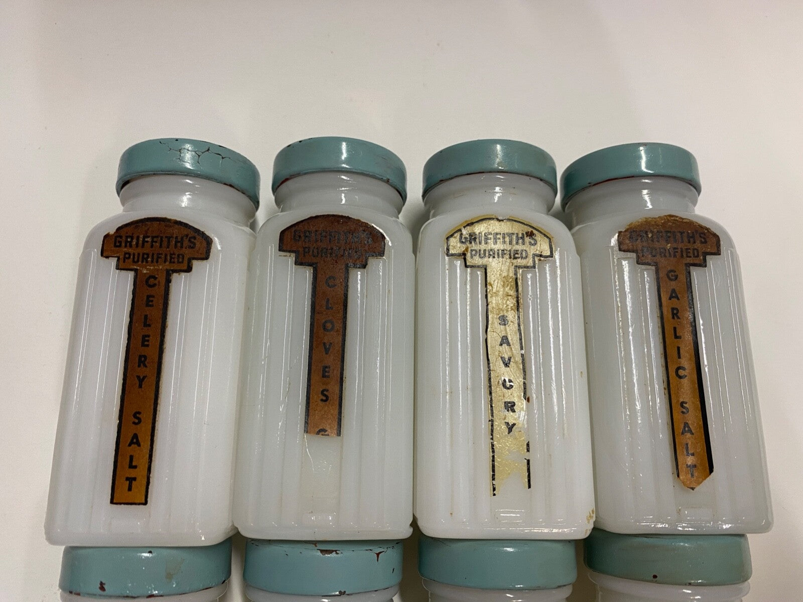 Vintage Griffith's Mid-Century Milk Glass Spice Jar Set of 8 Sage Blue/Green Lid