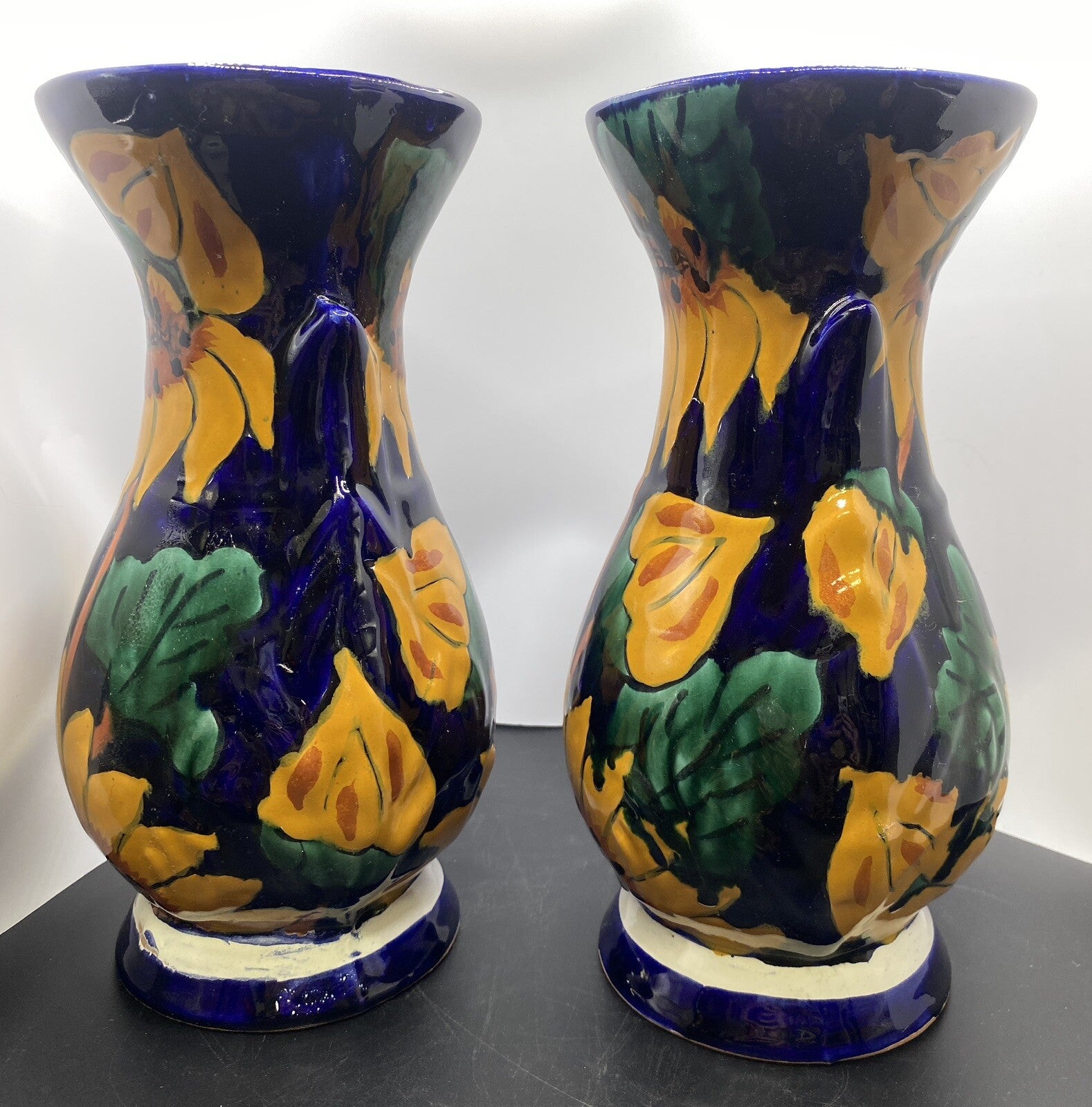 vintage Terracotta Pottery Pair of Vases Mexican Talavera 1980's Sunflower