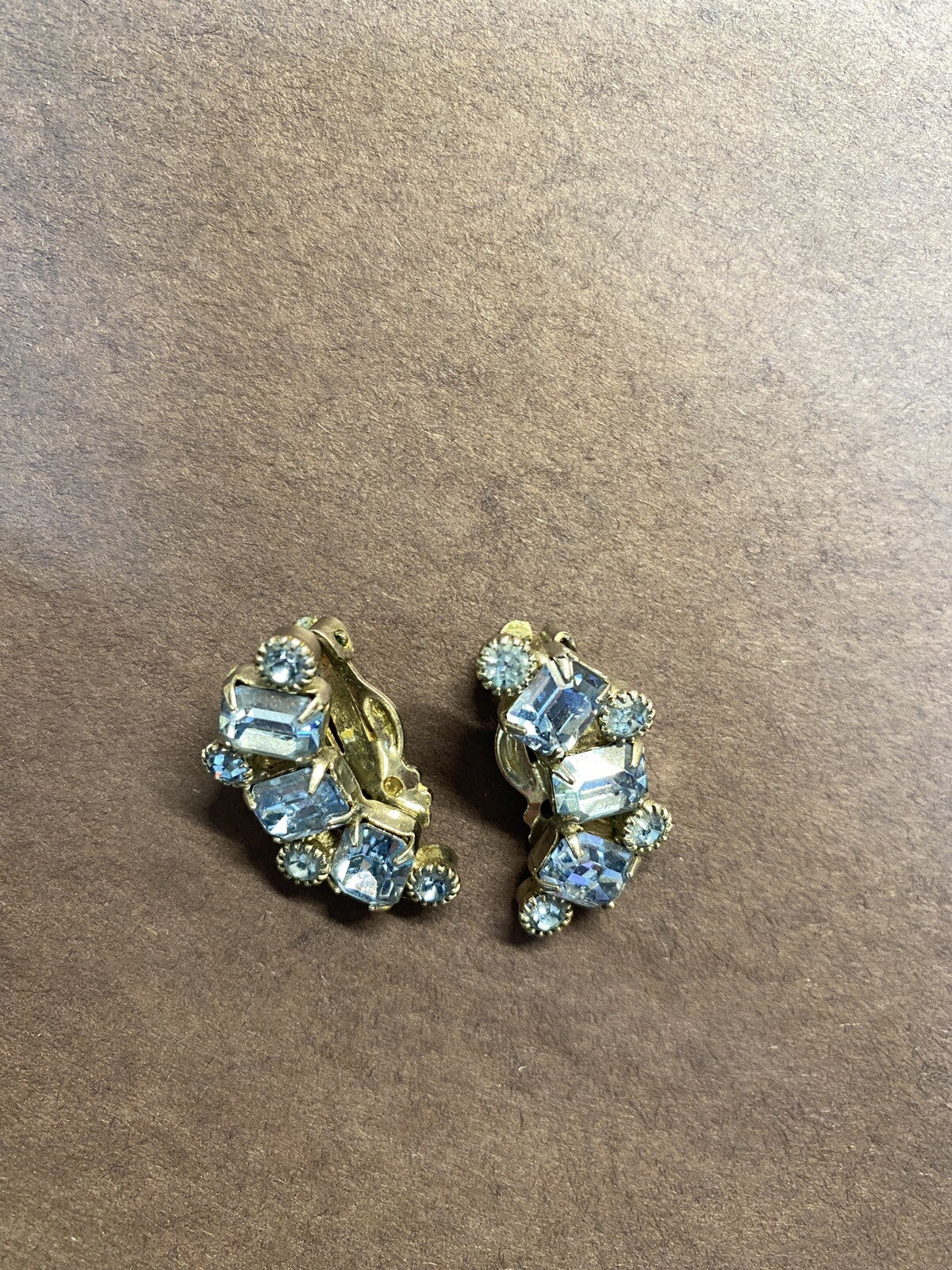 Authentic Vintage WEISS Baby Blue Crystal Rhinestone Clip-On EARRINGS crescent
