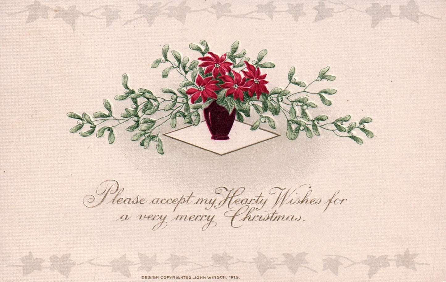 John Winsch Hearty Wishes for a Very Merry Christmas Vintage Poinsettia Postcard