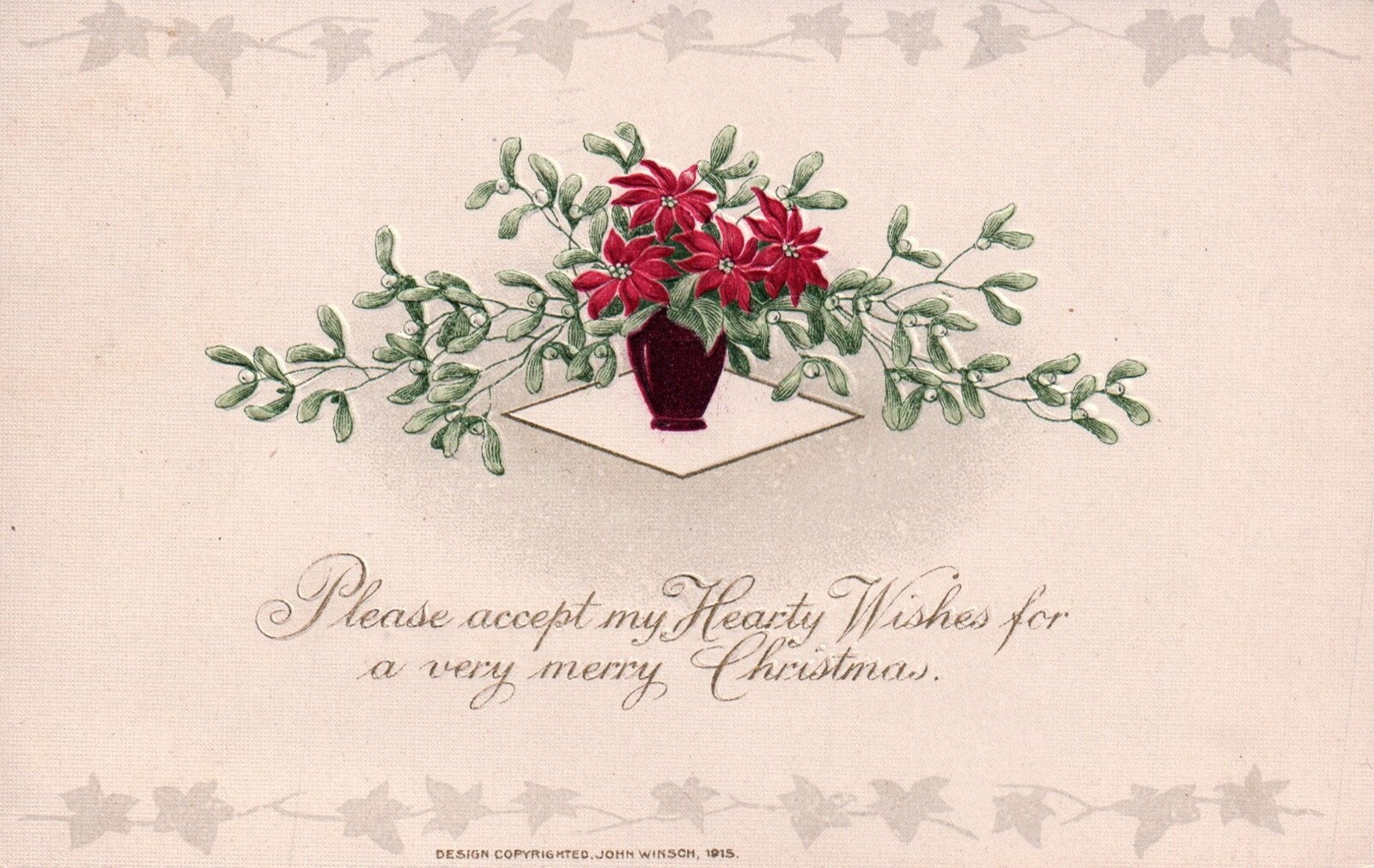 John Winsch Hearty Wishes for a Very Merry Christmas Vintage Poinsettia Postcard