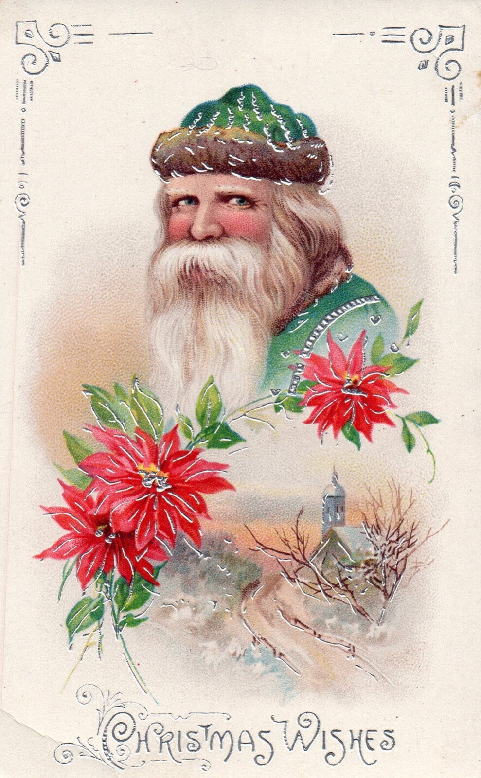 Christmas Wishes Green Santa with Poinsettia Flower Vintage Santa Postcard