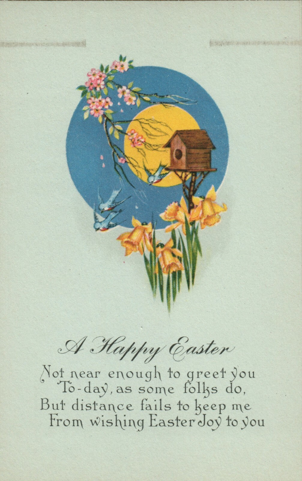 Blue Background Gold Boarder Blue Birds Flowers Bird House Poem Easter Postcard