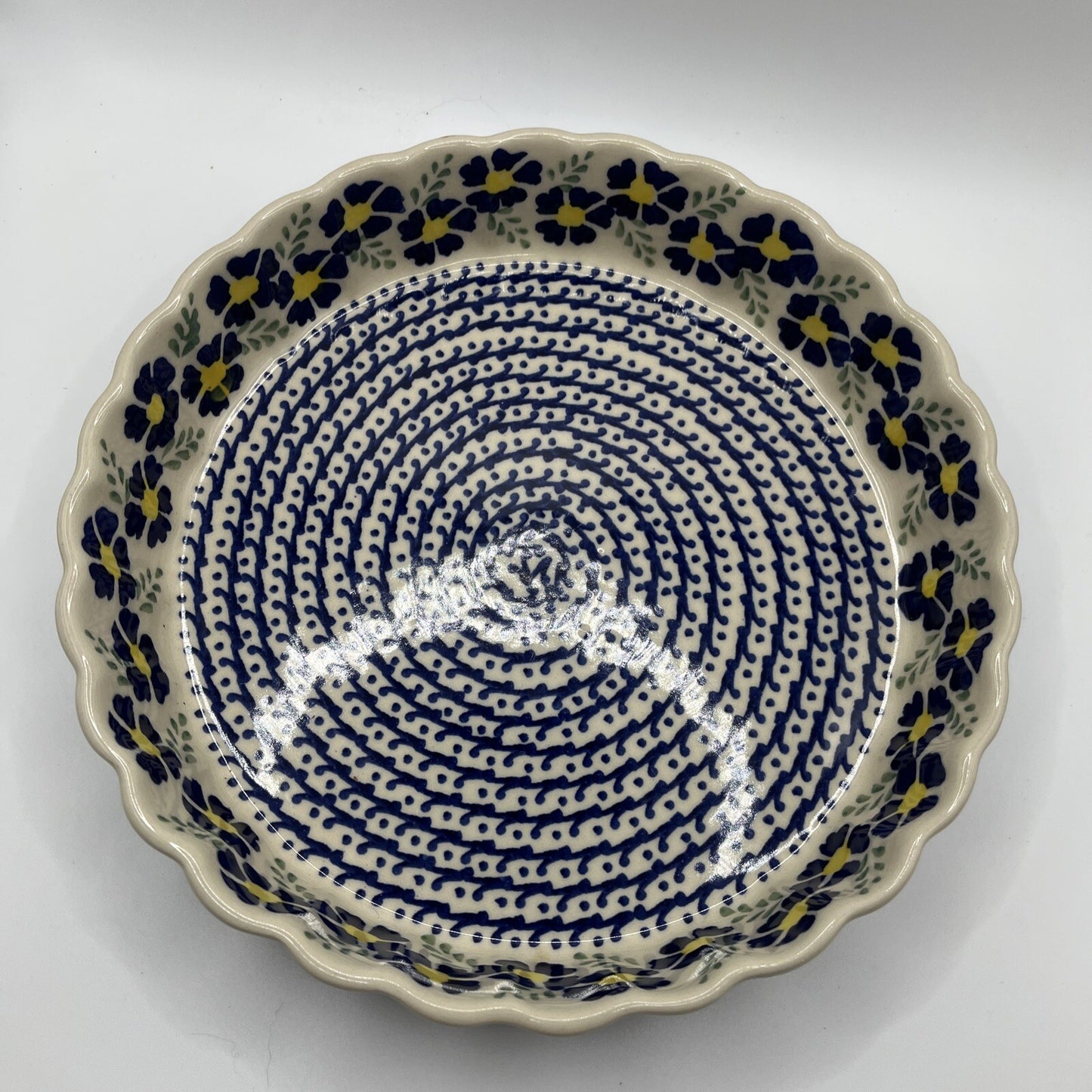 Polish Pottery Pie Quiche Dish Fluted Edge 9" - Blue Flower