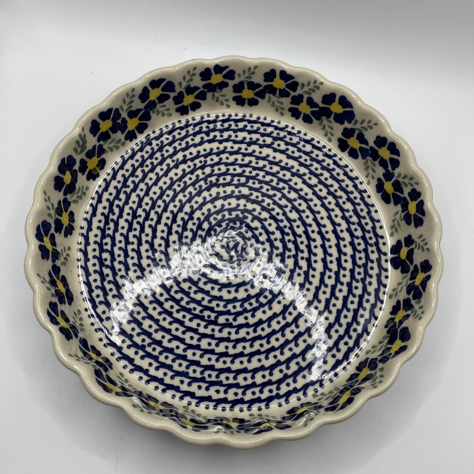 Polish Pottery Pie Quiche Dish Fluted Edge 9" - Blue Flower