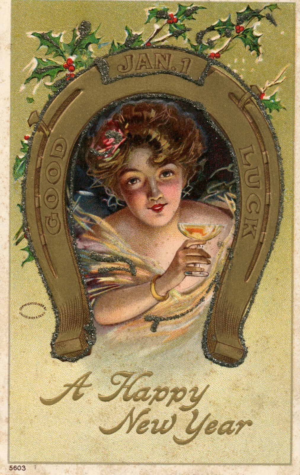 Good Luck Gold Horseshoe Holly Girl Happy New Year Postcard Series No. 5603