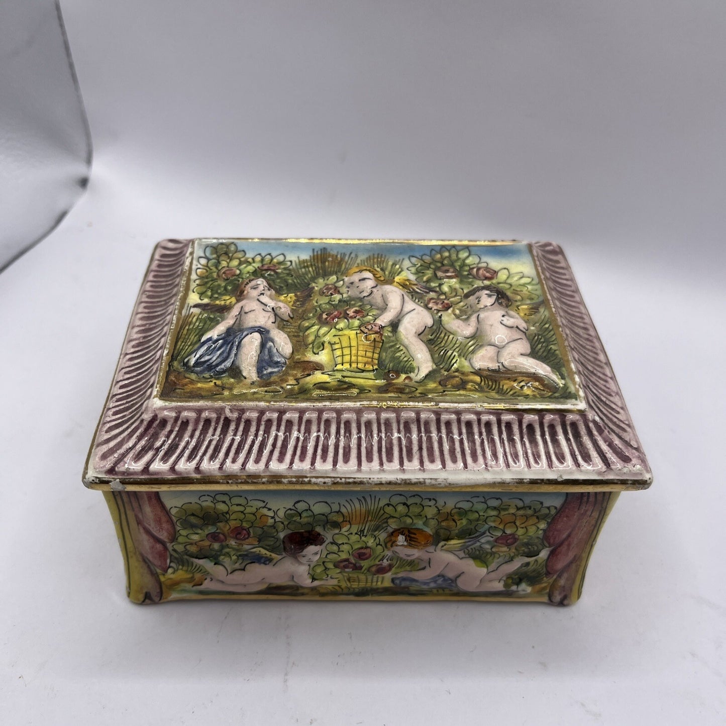 Vintage Capodimonte Porcelain Lidded Trinket Dish with High Relief Cherubs