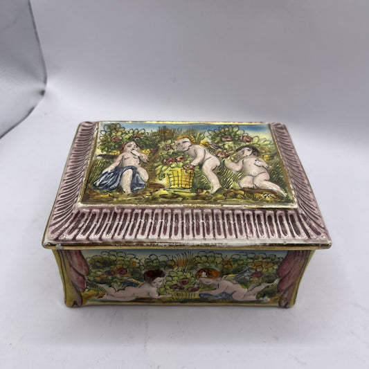 Vintage Capodimonte Porcelain Lidded Trinket Dish with High Relief Cherubs