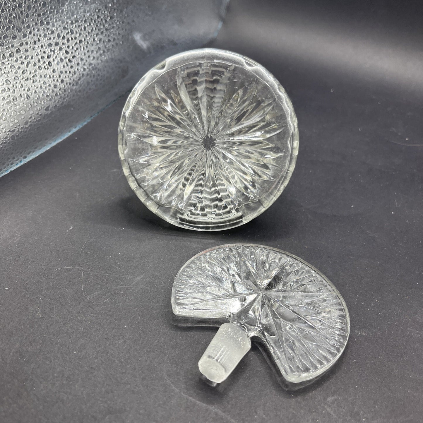 Art Deco Style Pressed Glass Perfume Bottle w/ Fan Star Stopper, Empty, Clear 5"