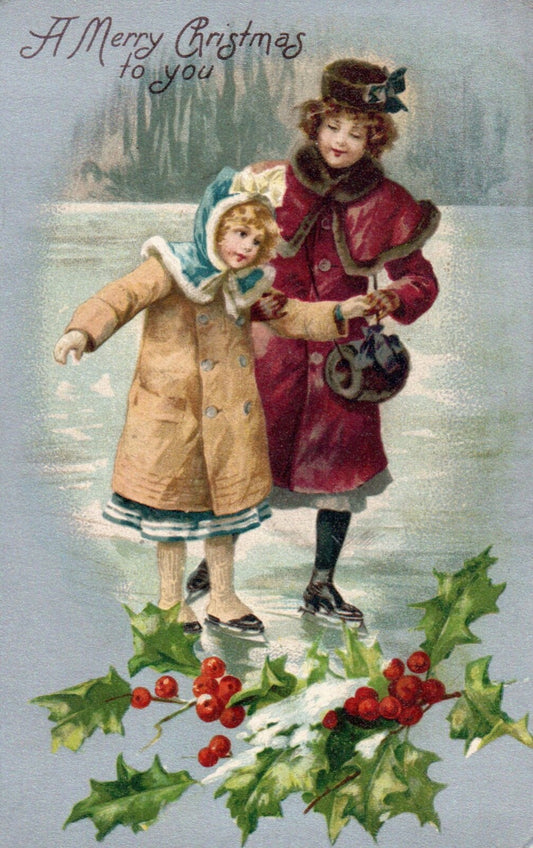 A Merry Christmas to You Mother and Child Ice Skating Vintage Christmas Postcard