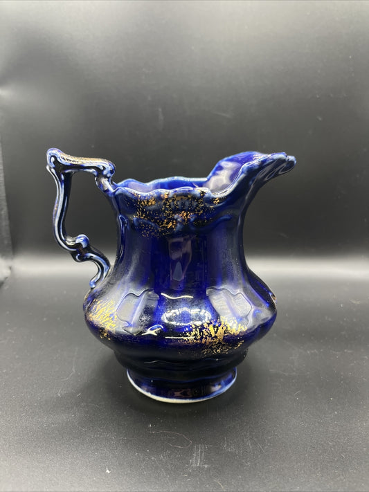 Vintage Medium Size Cobalt Blue With Gold Accents Porcelain Pitcher