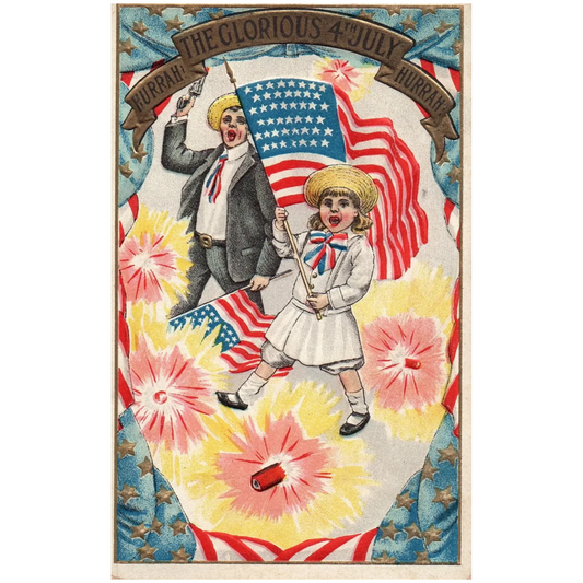 The Glorious Fourth of July Children Waving American Flags w/ Fireworks Postcard