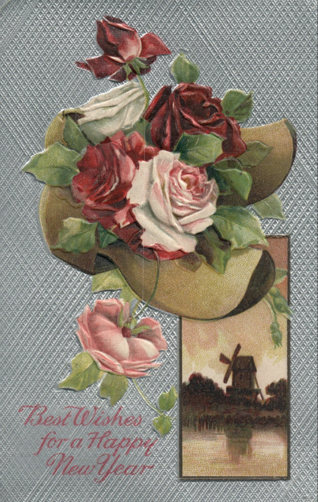 Best Wishes Pink White Red Roses in Clogs Windmill inset Happy New Year Postcard