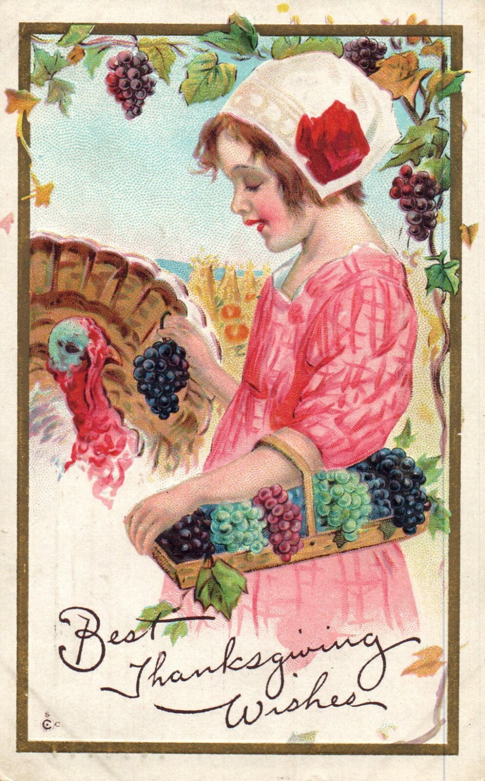 Stetcher Girl With Grapes & Turkey Thanksgiving Day Greetings Series 252 B