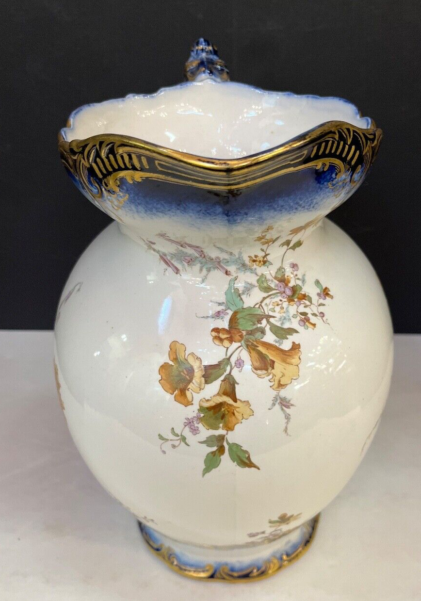 Rare Antique 1800's E. Henderson Floral White Blue & Gold Pitcher