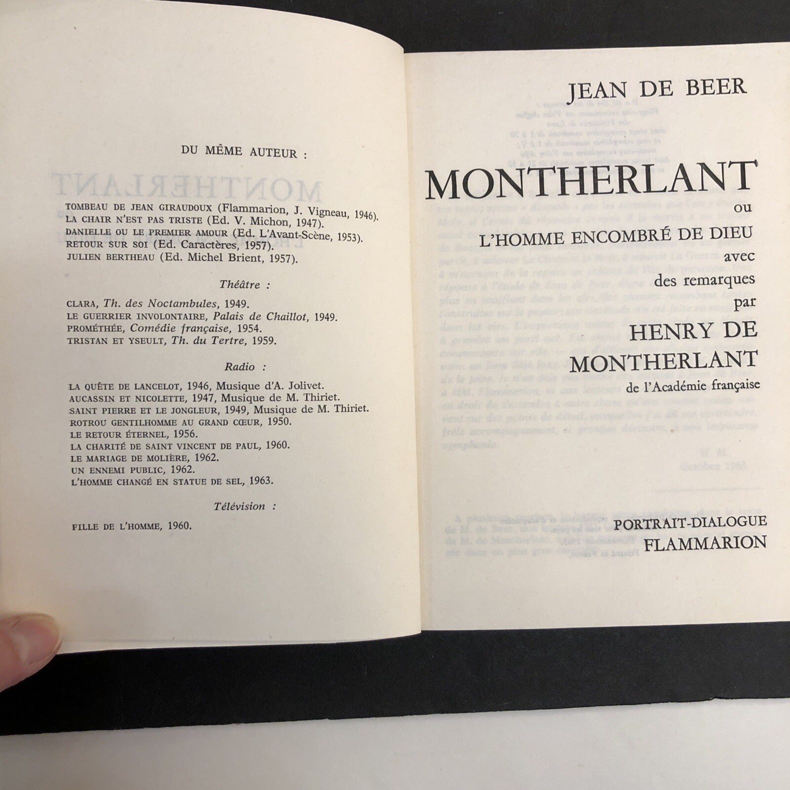 Book - Montherlant Jean de Beer - Portrait Dialogue 1963 French