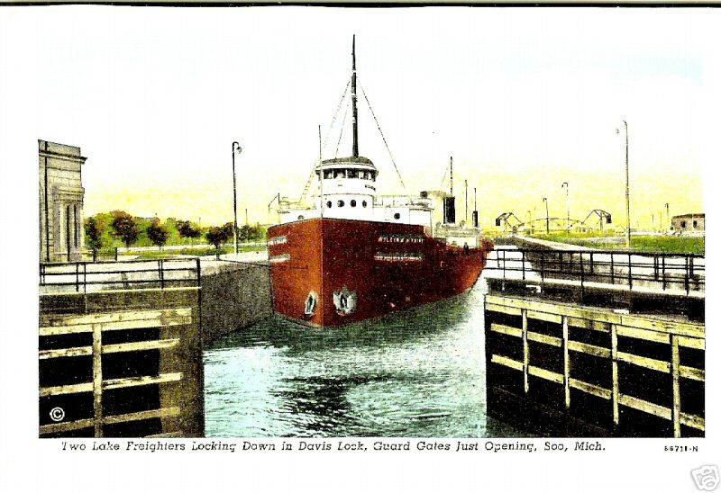 Davis Lock Sault Ste Marie SOO MI Mich Michigan Ship Freighter Postcard