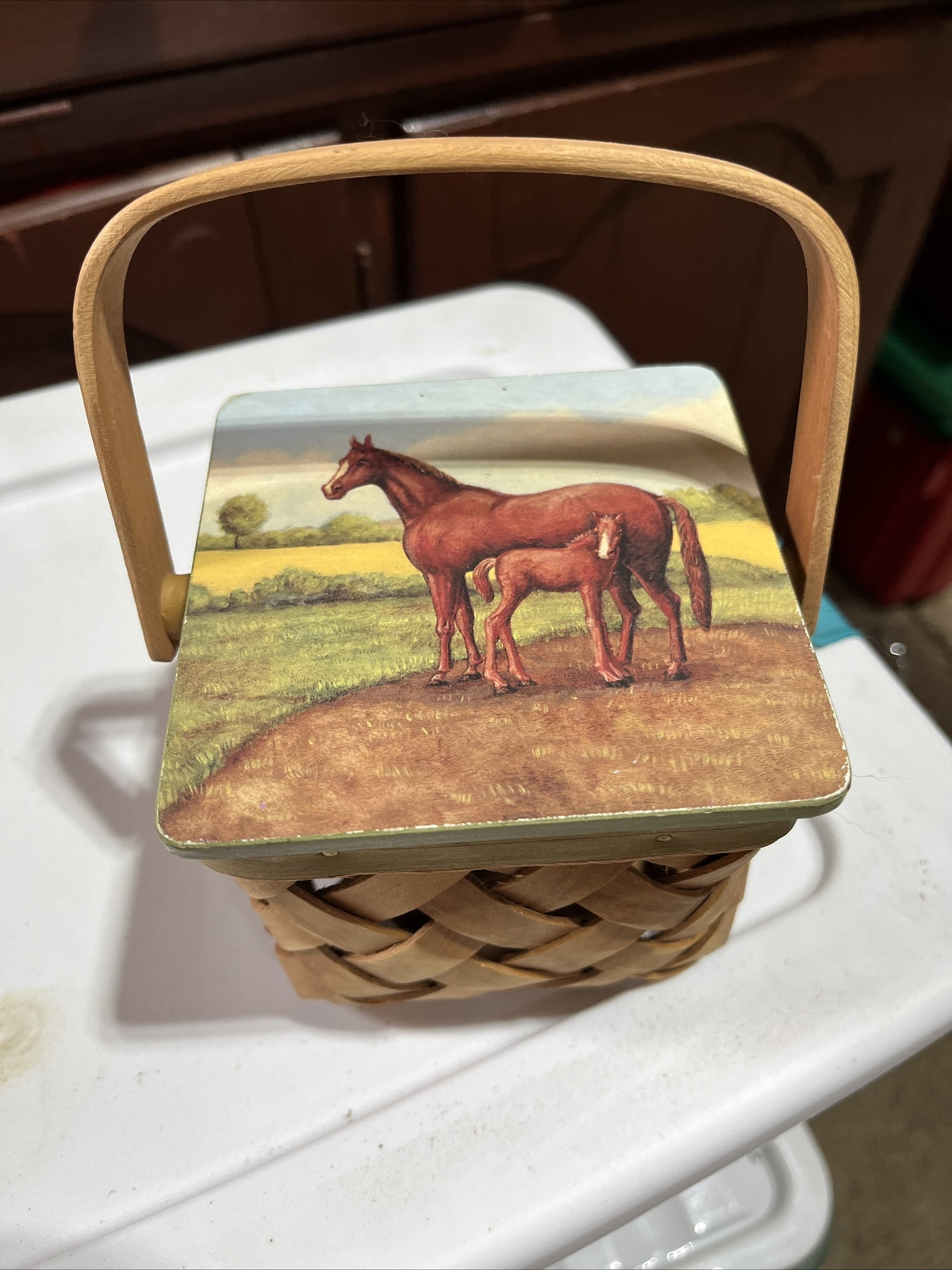 Vintage small Brown Woven Basket With Horses On Cover RARE. 4” X 4”, 4”