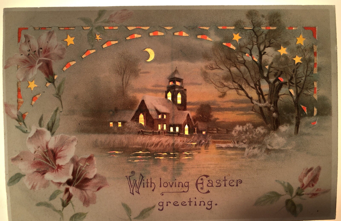 Hold to Light With Loving Easter Greeting Apple Blossoms Church Scenic Postcard
