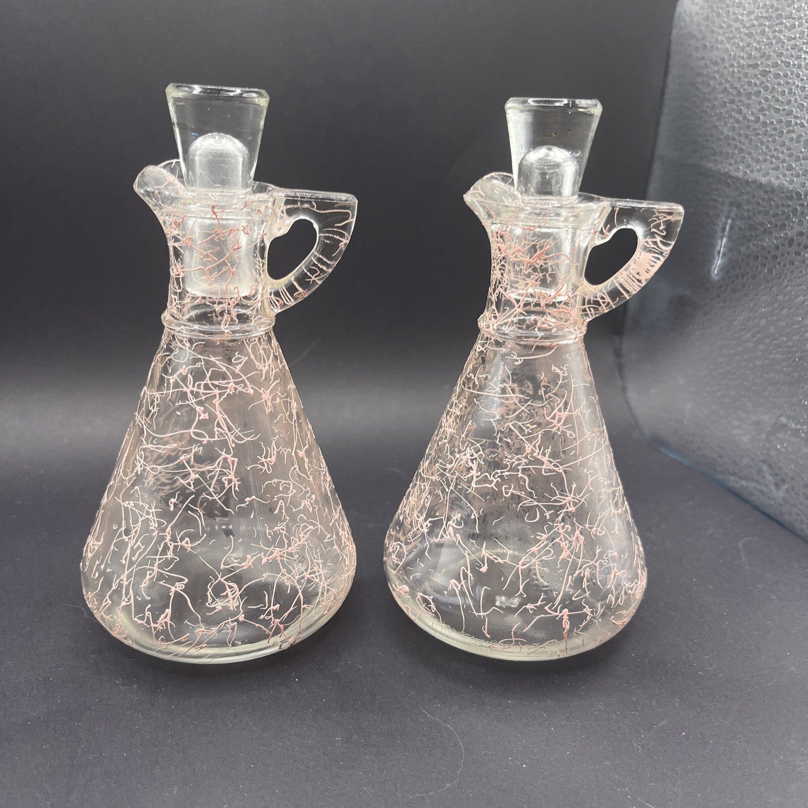Rare 1950's Heisey Spider Web Pink Oil & Vinegar Bottles