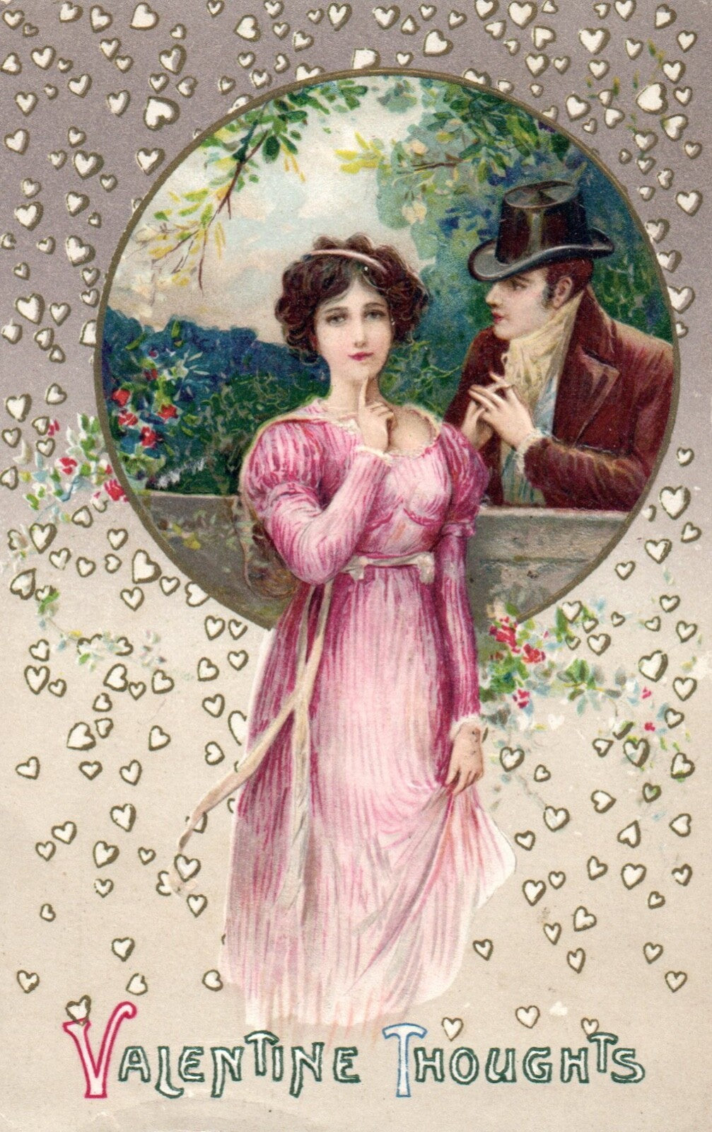 John Winsch Valentine Thoughts Woman & Man w/ Hearts Vintage Valentine Postcard