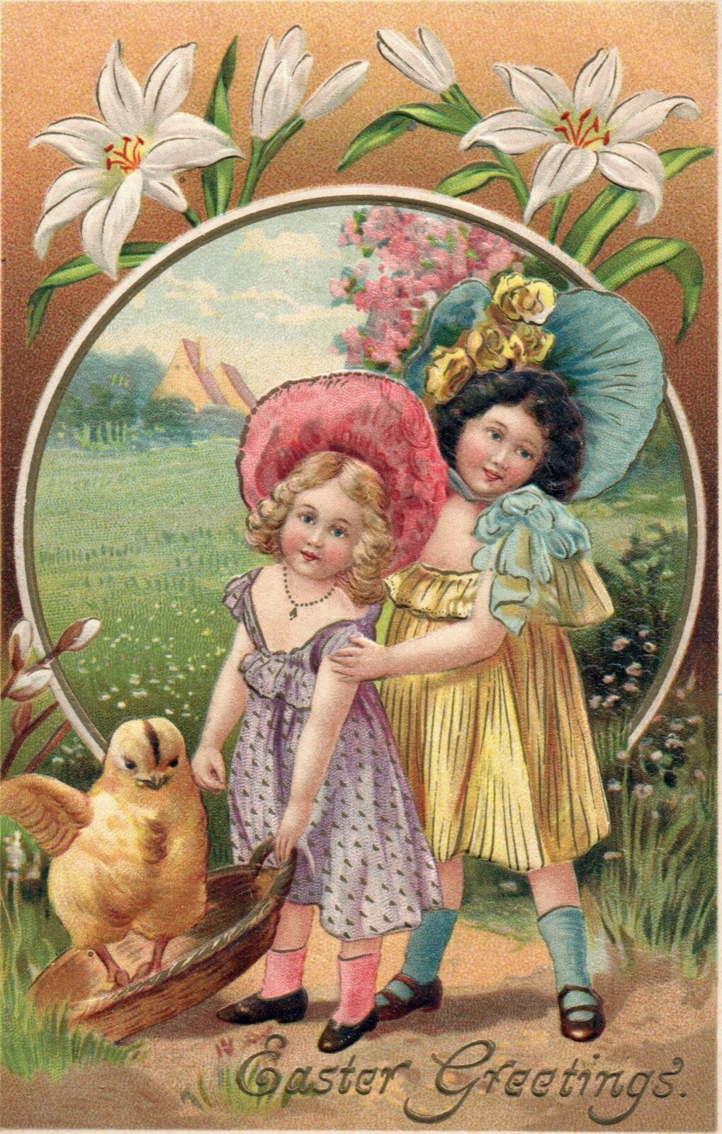 Easter Greetings Little Girls With Easter Chick in Field Vintage Easter Postcard