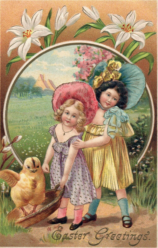 Easter Greetings Little Girls With Easter Chick in Field Vintage Easter Postcard