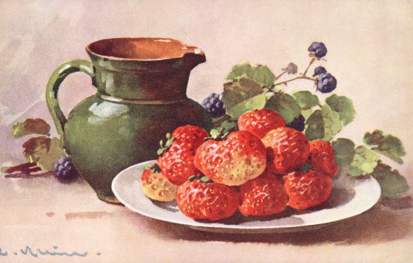 Artist  Signed Catherine Klein Fruit and Green Pitcher