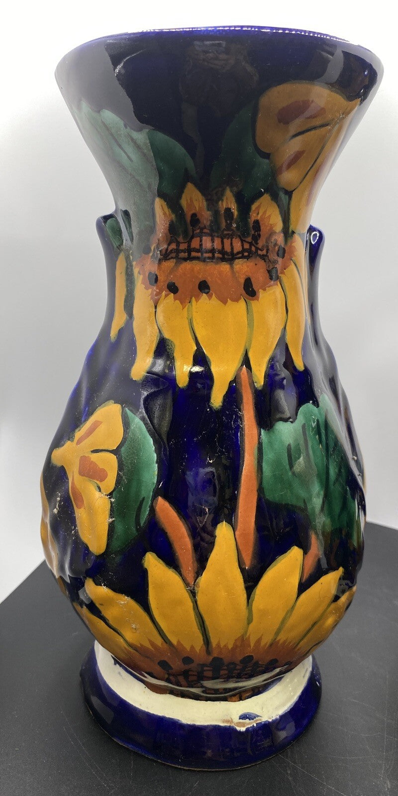 vintage Terracotta Pottery Pair of Vases Mexican Talavera 1980's Sunflower