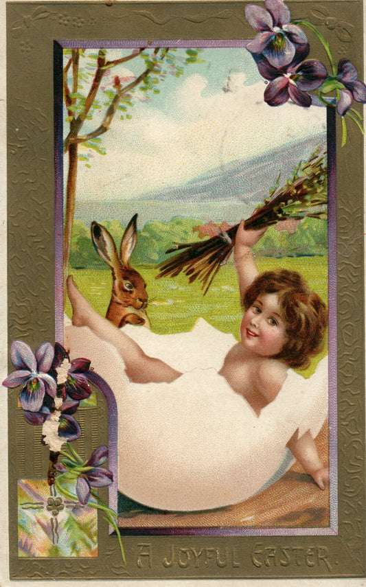 1909 Embossed Easter Postcard Little girl egg holds Pussy Willows Bunny rabbit
